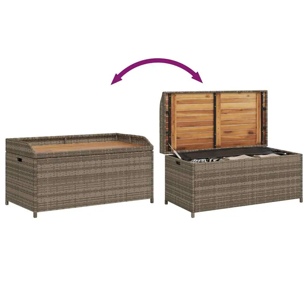 Outdoor Storage Bench Grey Poly Rattan Acacia Wood Seating 100x50x52cm
