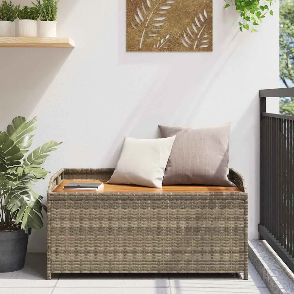 Outdoor Storage Bench Grey Poly Rattan Acacia Wood Seating 100x50x52cm