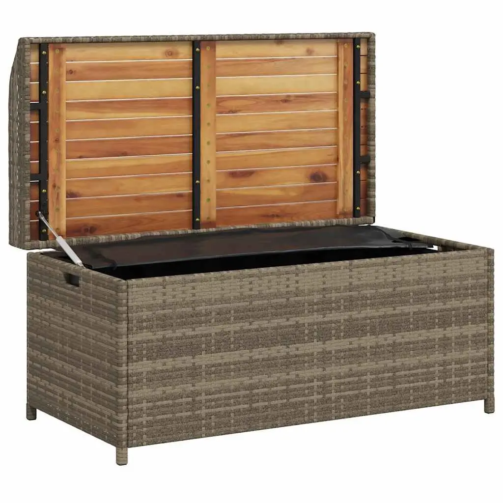 Outdoor Storage Bench Grey Poly Rattan Acacia Wood Seating 100x50x52cm