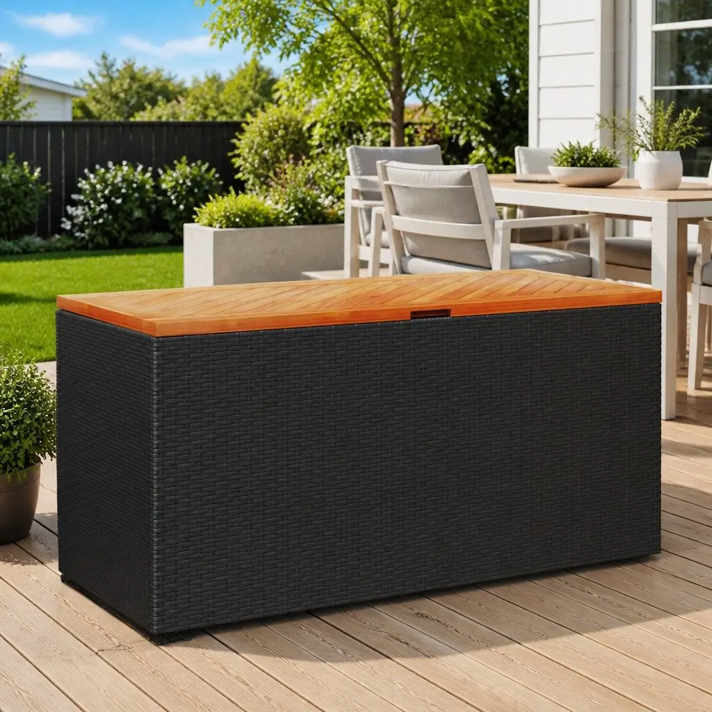 Garden Storage Box Dual-Purpose Black 110 x 50 x 54 cm Poly Rattan Acacia Wood
