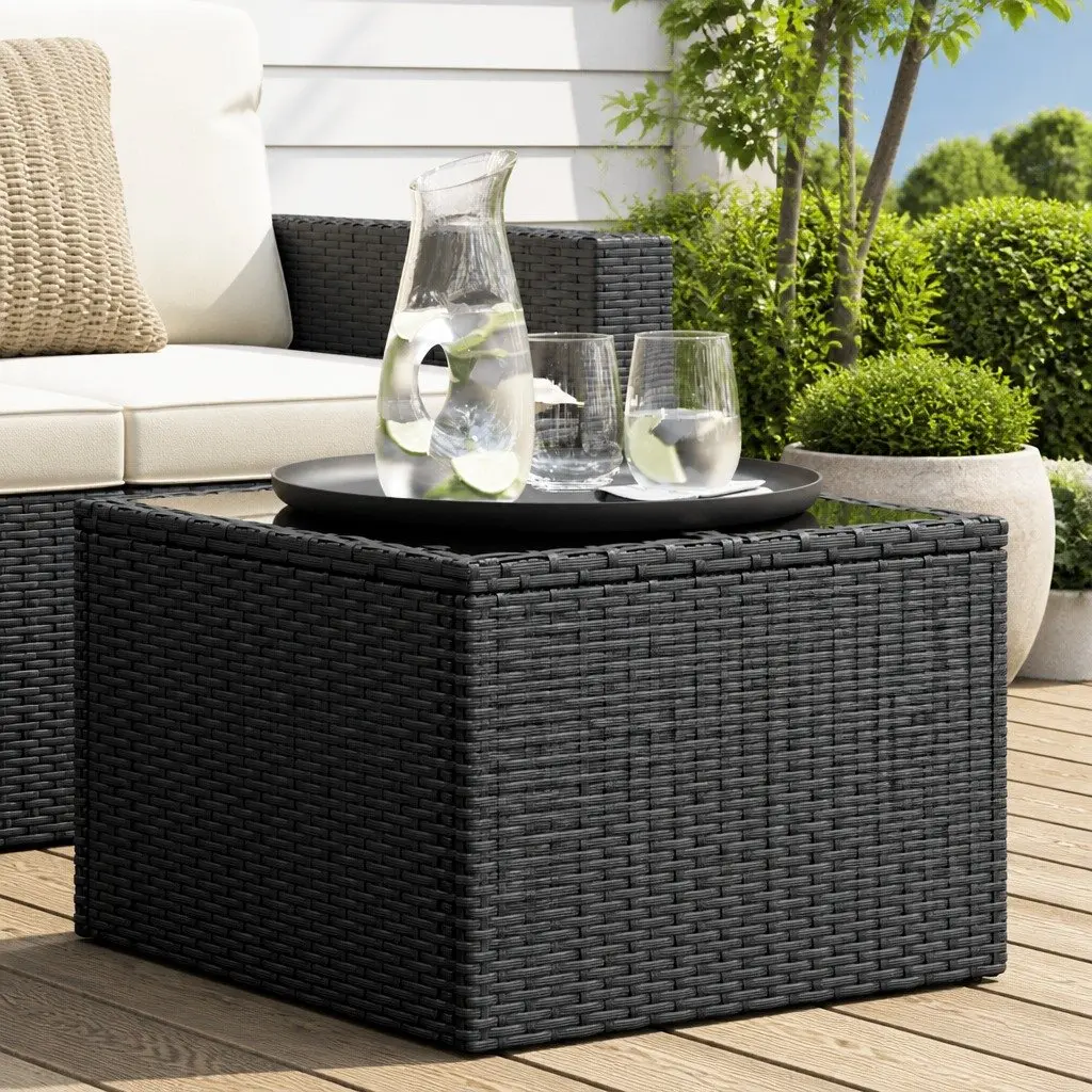 Garden Table Black Poly Rattan Tempered Glass Top 55 x 55 x 37 cm
