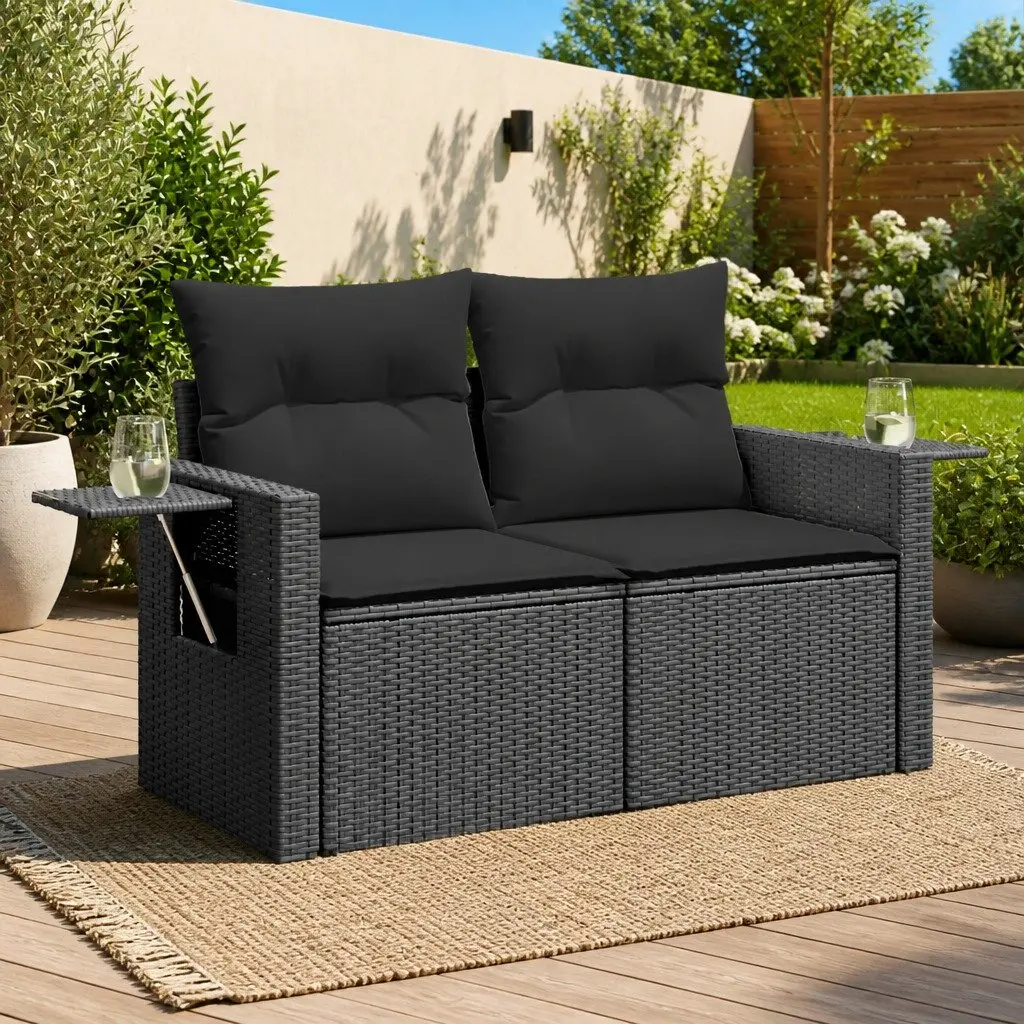 2-Seater Garden Sofa with Cushions and Foldable Side Table Black Poly Rattan