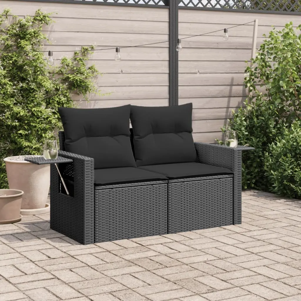 2-Seater Garden Sofa with Cushions and Foldable Side Table Black Poly Rattan