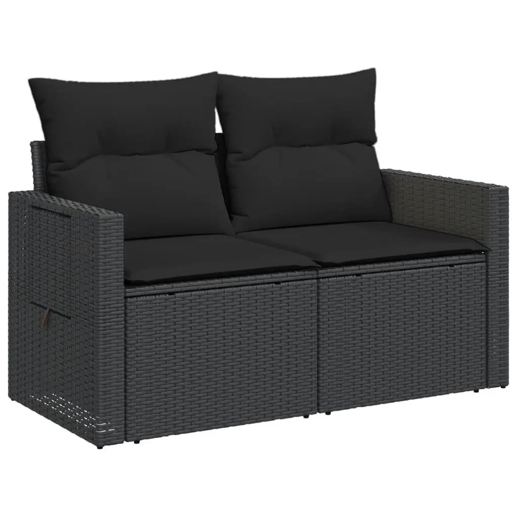2-Seater Garden Sofa with Cushions and Foldable Side Table Black Poly Rattan