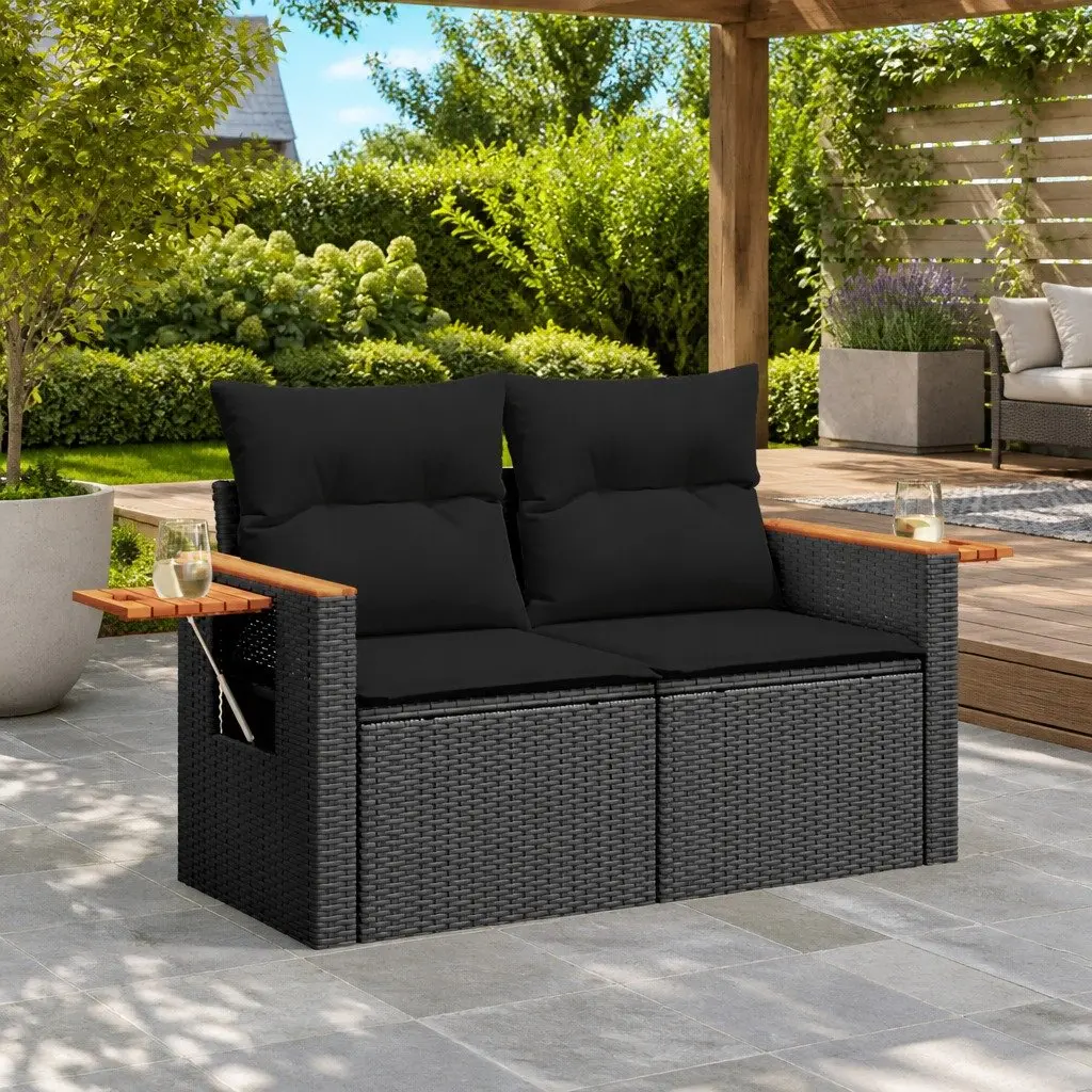 Outdoor Garden Sofa 2-Seater Black PE Rattan with Cushions and Side Table