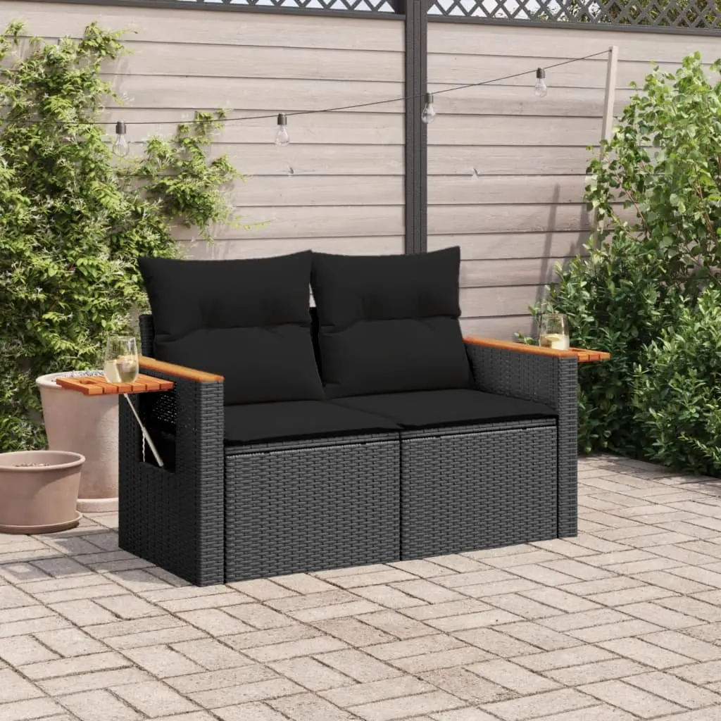Outdoor Garden Sofa 2-Seater Black PE Rattan with Cushions and Side Table