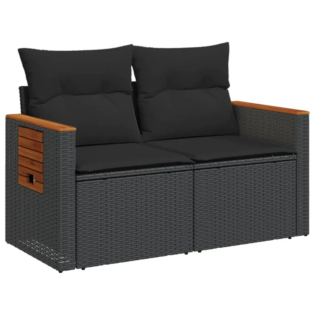 Outdoor Garden Sofa 2-Seater Black PE Rattan with Cushions and Side Table