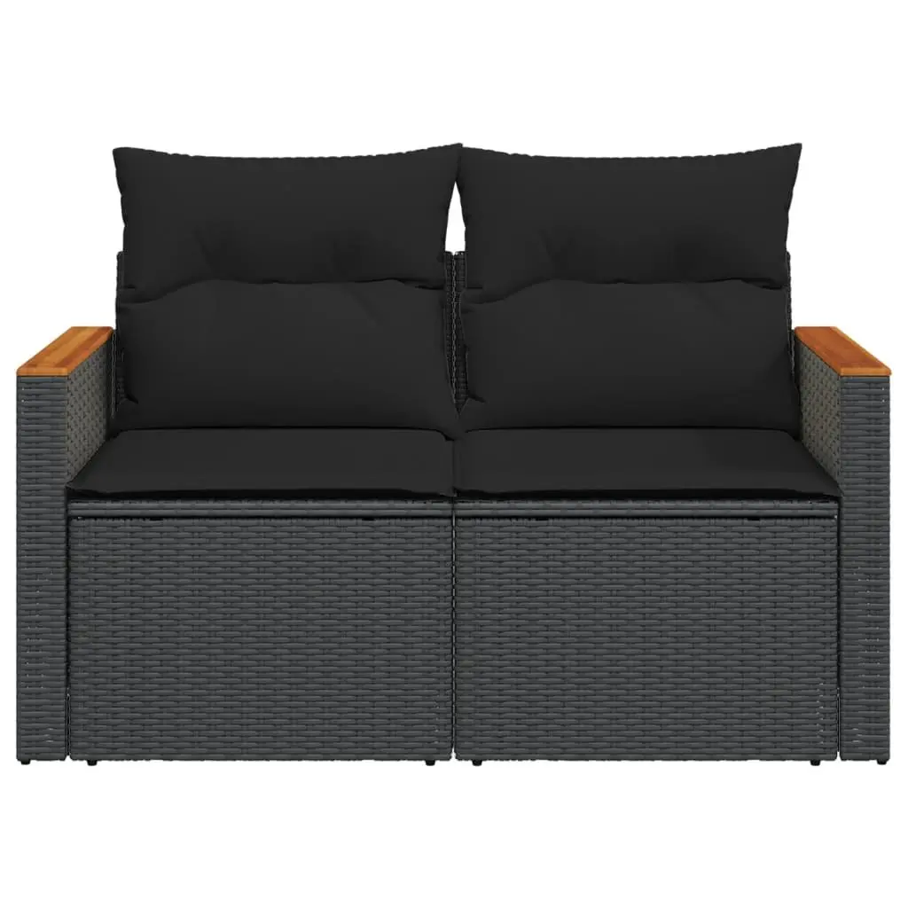 Outdoor Garden Sofa 2-Seater Black PE Rattan with Cushions and Side Table