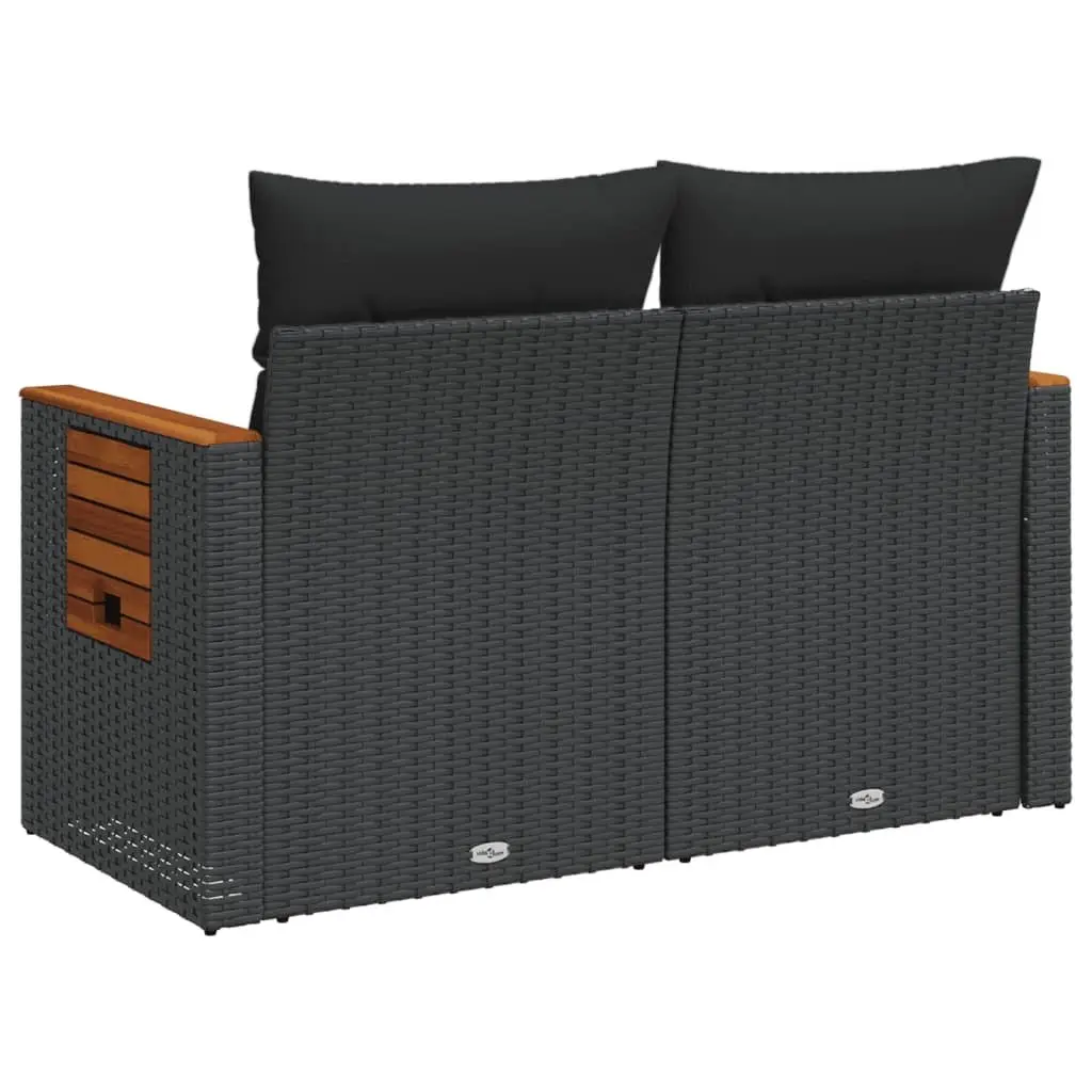 Outdoor Garden Sofa 2-Seater Black PE Rattan with Cushions and Side Table