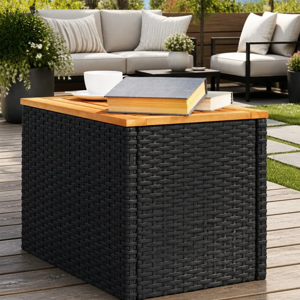 Garden Side Tables Set of 2 Black Outdoor Patio Furniture Rattan Tabletop