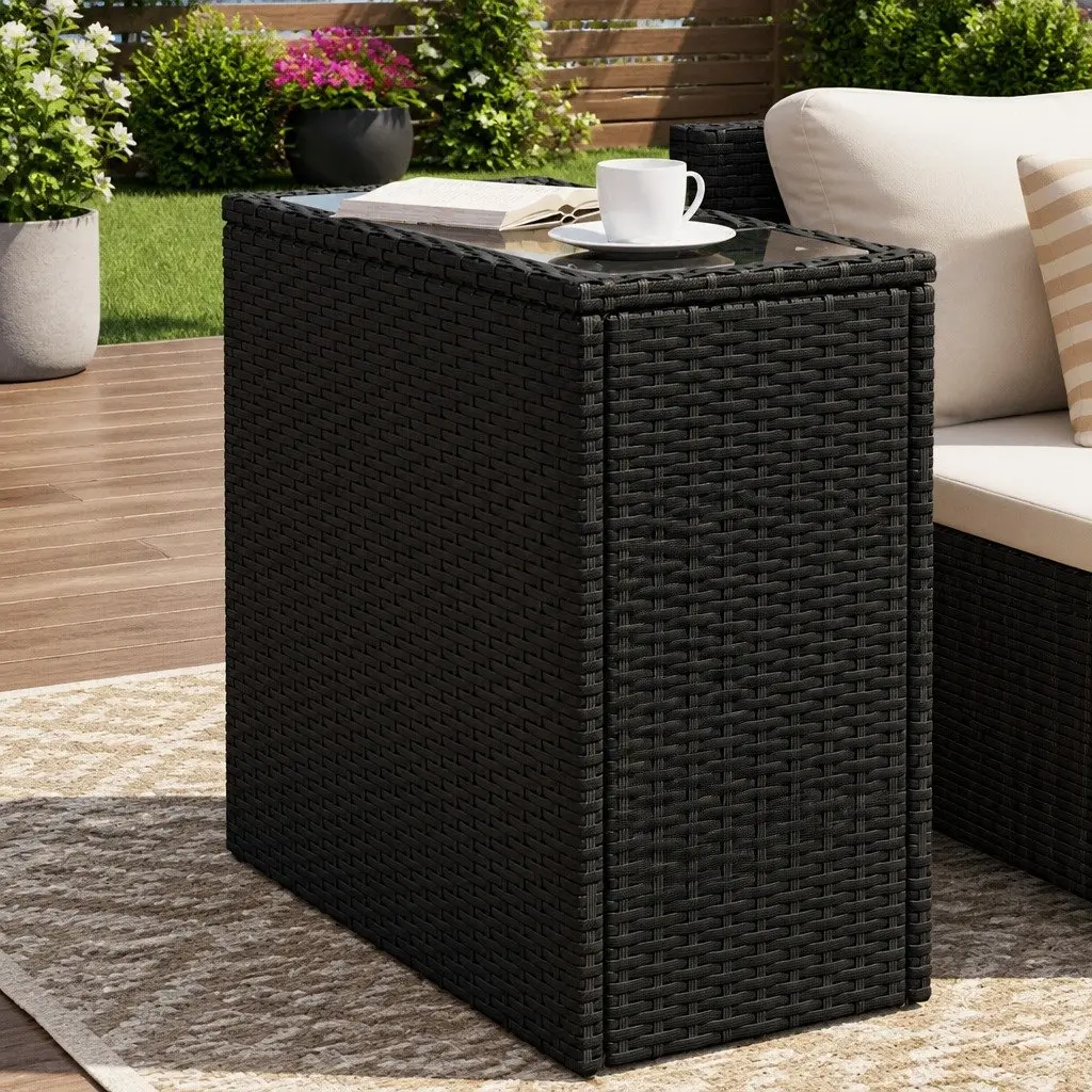 Garden Side Table Black Glass Top Poly Rattan Frame 58 x 27.5 x 55 cm