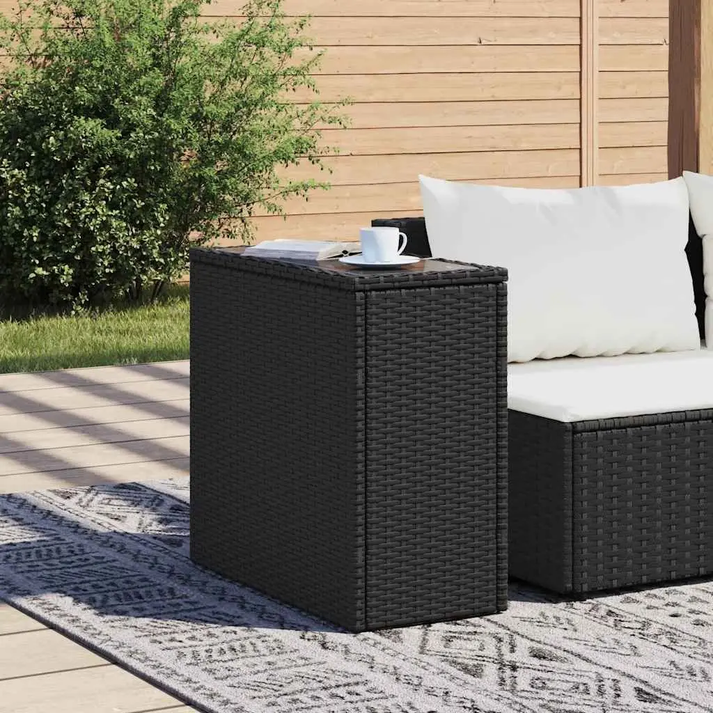 Garden Side Table Black Glass Top Poly Rattan Frame 58 x 27.5 x 55 cm