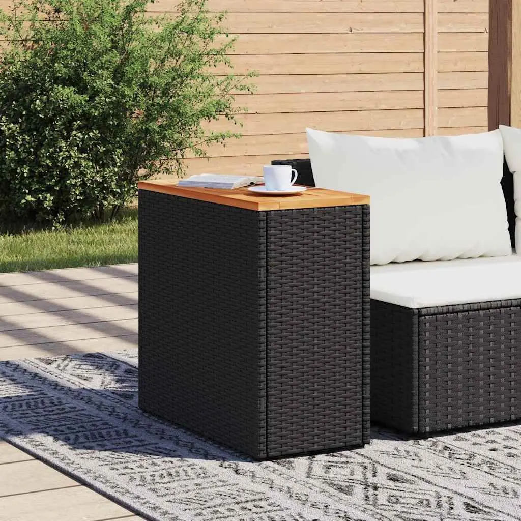Garden Side Table Outdoor Patio Furniture Black Poly Rattan Wooden Top