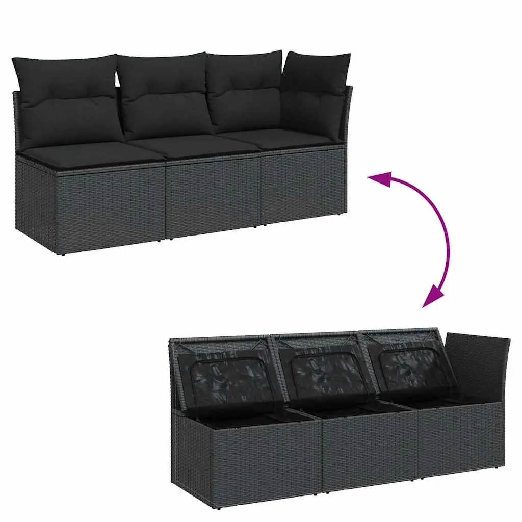 Outdoor Garden Sofa 3-Seater Black Poly Rattan with Storage Cushions Modular