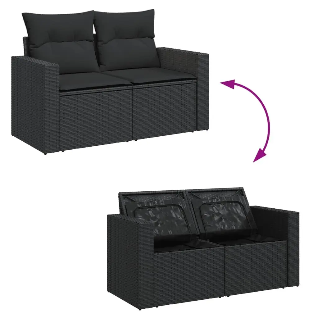 Outdoor Garden Sofa 2-Seater Black Poly Rattan with Cushions and Storage