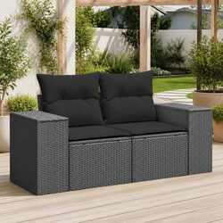2-Seater Garden Sofa Outdoor Furniture with Cushions Storage Black Rattan