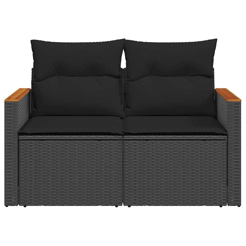 Outdoor Garden Sofa Black Poly Rattan 2-Seater with Cushions and Storage Compartment