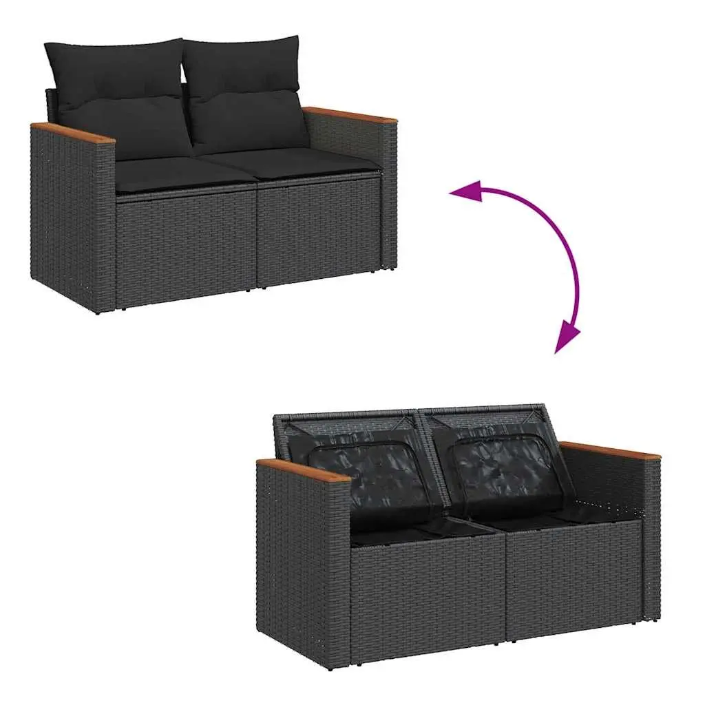 Outdoor Garden Sofa Black Poly Rattan 2-Seater with Cushions and Storage Compartment