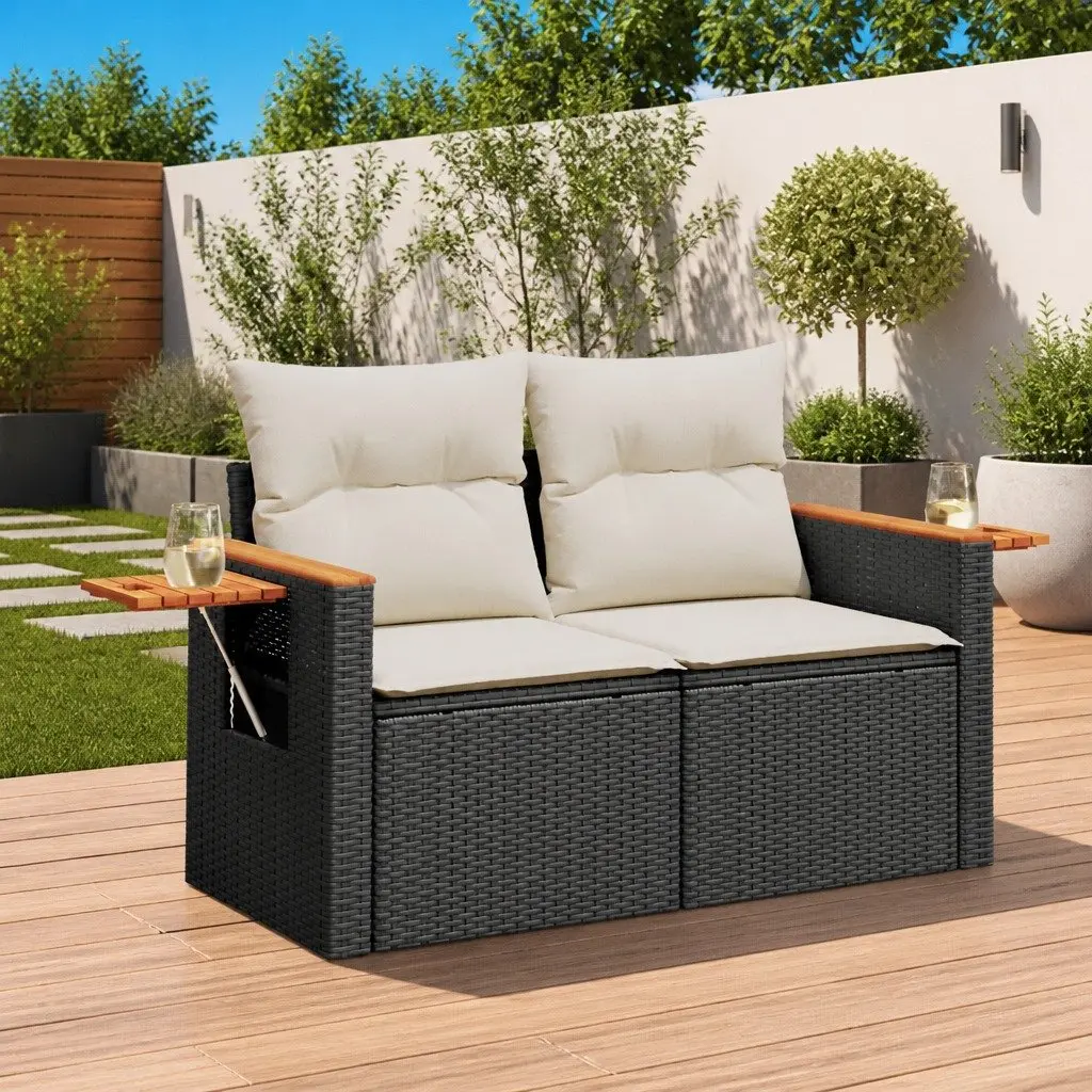 2-Seater Garden Sofa with Cushions Foldable Side Table Black Poly Rattan