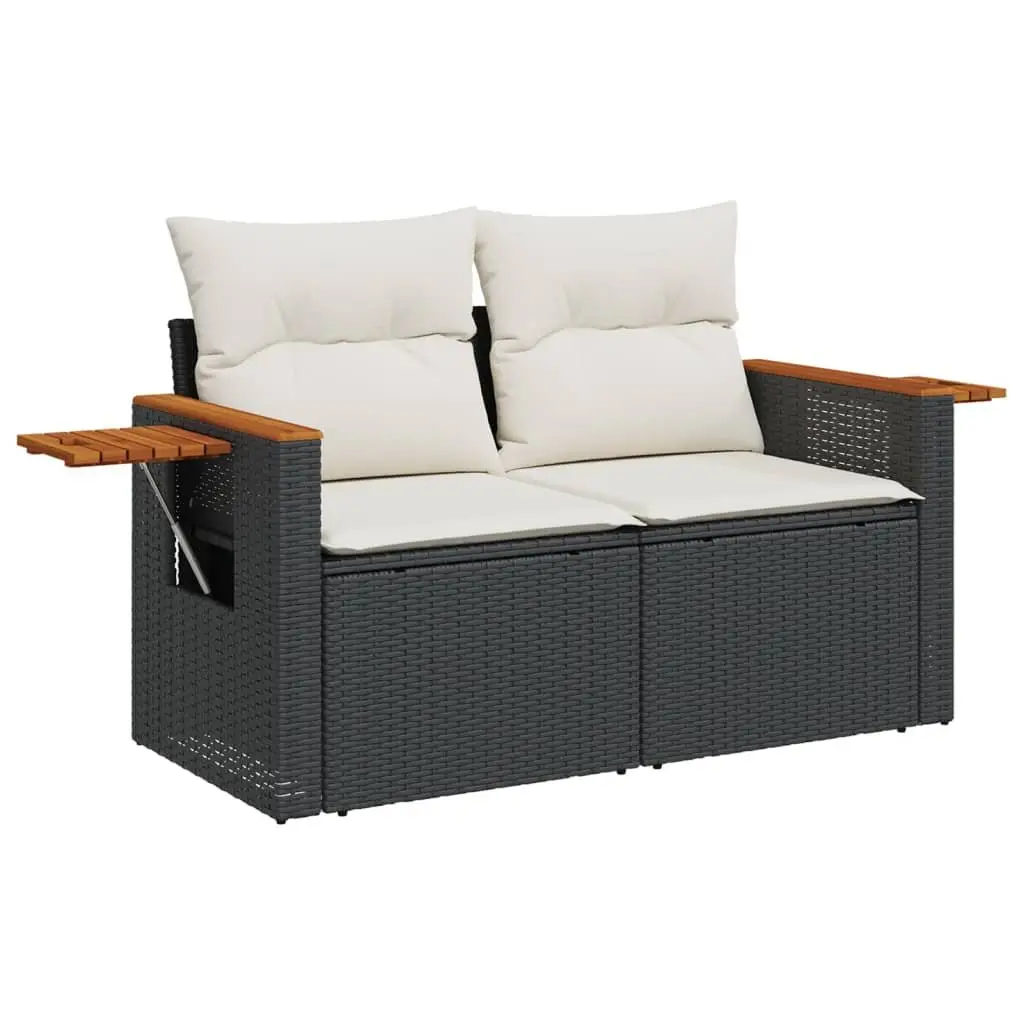 2-Seater Garden Sofa with Cushions Foldable Side Table Black Poly Rattan
