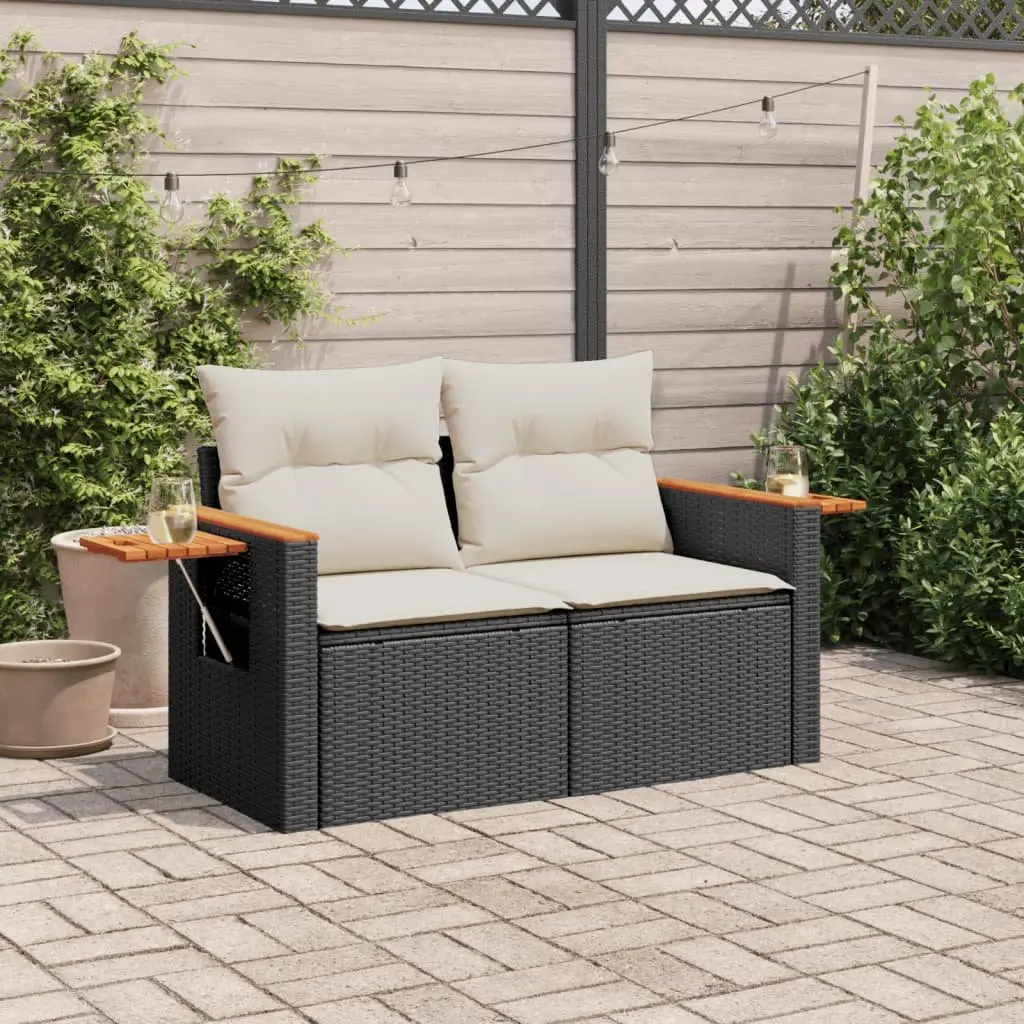 2-Seater Garden Sofa with Cushions Foldable Side Table Black Poly Rattan