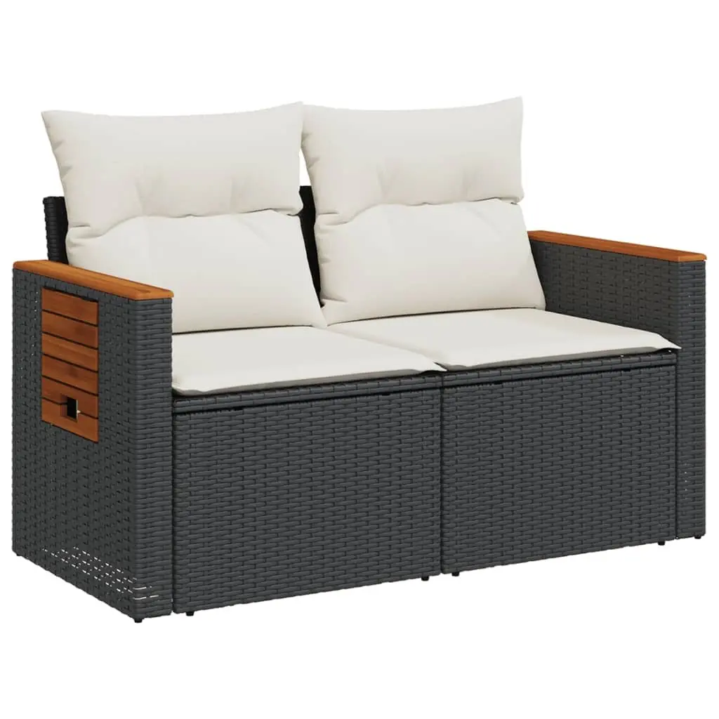 2-Seater Garden Sofa with Cushions Foldable Side Table Black Poly Rattan
