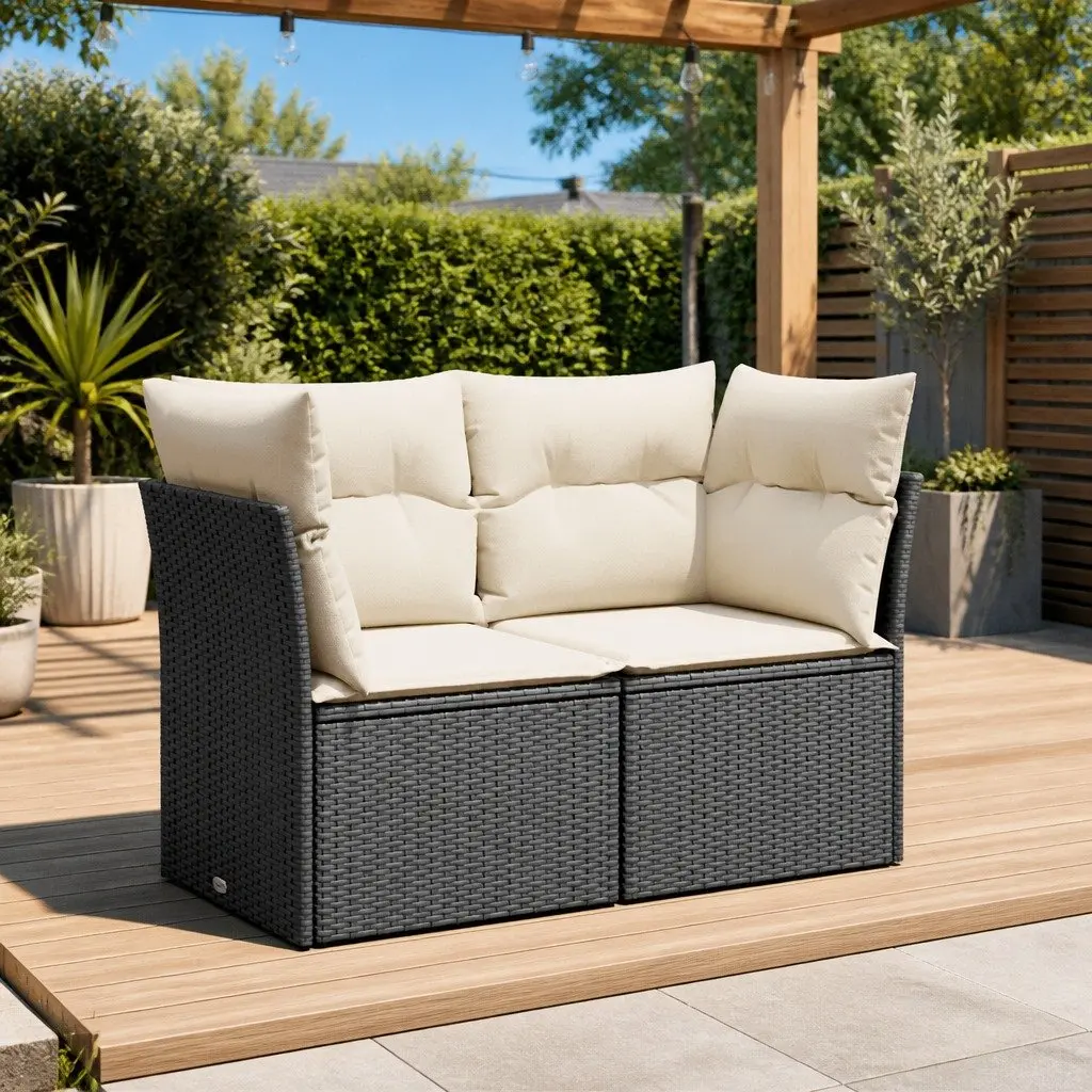 Outdoor Lounge Seat Black Rattan 2 Seater Sofa with Cushions and Storage