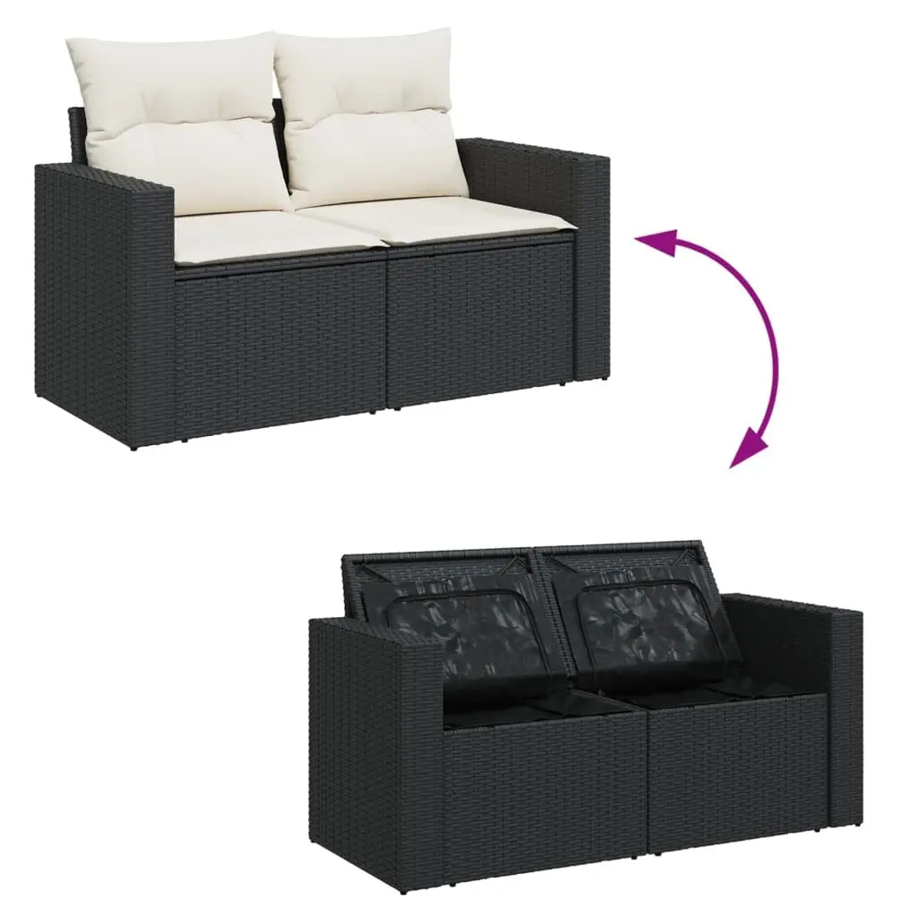 2-Seater Garden Sofa Black Poly Rattan with Storage Cushions