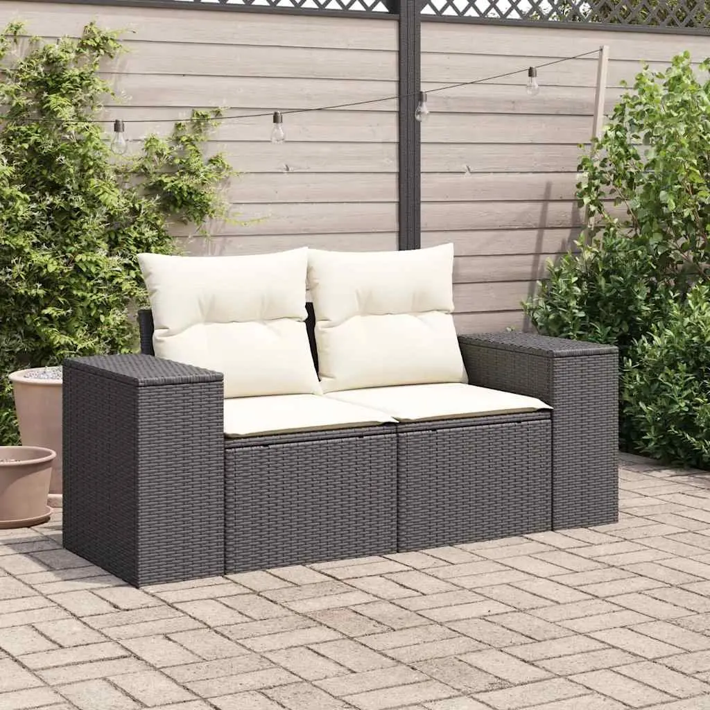 2-Seater Garden Sofa with Cushions Storage Black Poly Rattan