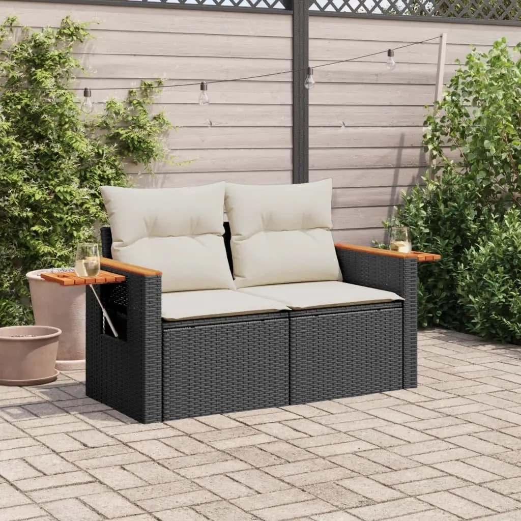 Outdoor Sofa 2-Seater Garden Furniture with Cushions and Storage Black Poly Rattan