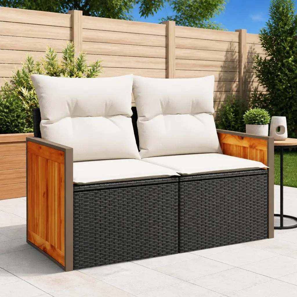 Outdoor Sofa 2-Seater Modular Black PE Rattan with Cushions and Storage