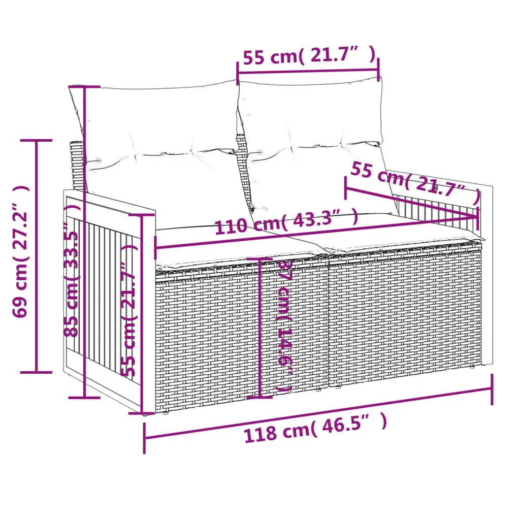 Outdoor Sofa 2-Seater Modular Black PE Rattan with Cushions and Storage