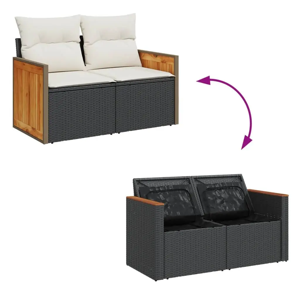 Outdoor Sofa 2-Seater Modular Black PE Rattan with Cushions and Storage