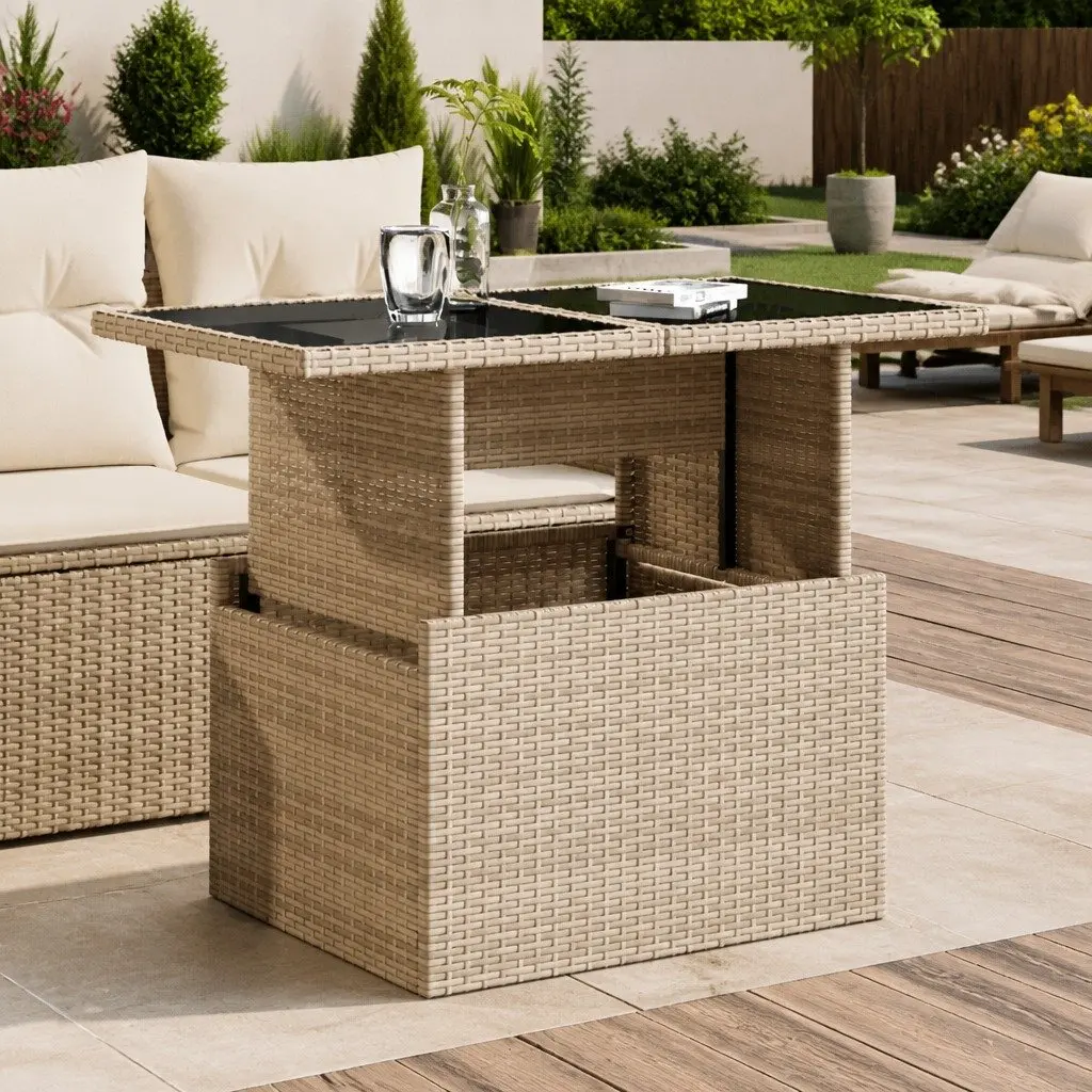 Garden Table with Adjustable Glass Top Outdoor Furniture Beige Poly Rattan
