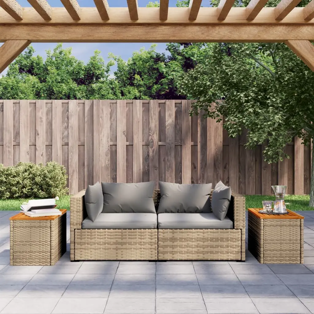 Garden Side Tables PE Rattan Frame Solid Wood Top Beige 2 Piece Set