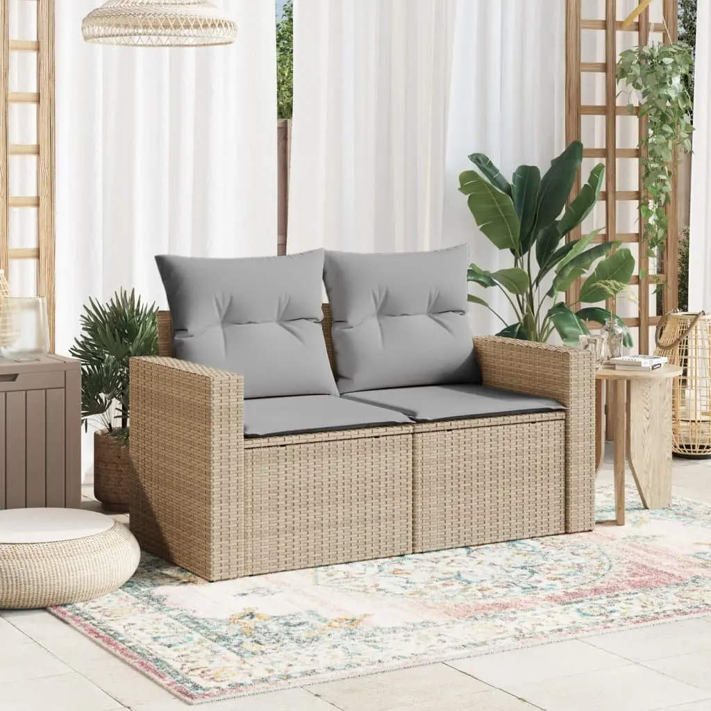 2-Seater Garden Sofa with Cushions Beige PE Rattan Outdoor Patio Furniture