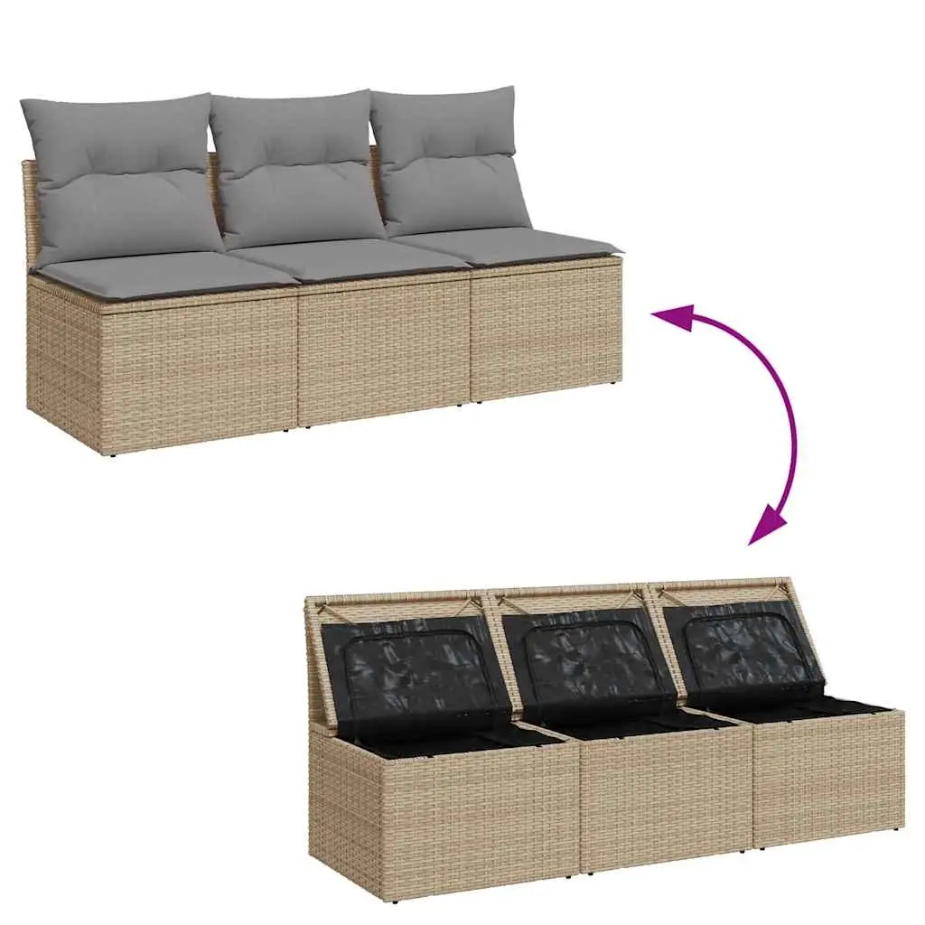 Outdoor Garden Sofa 3-Seater with Storage Cushions Beige Poly Rattan Lounge