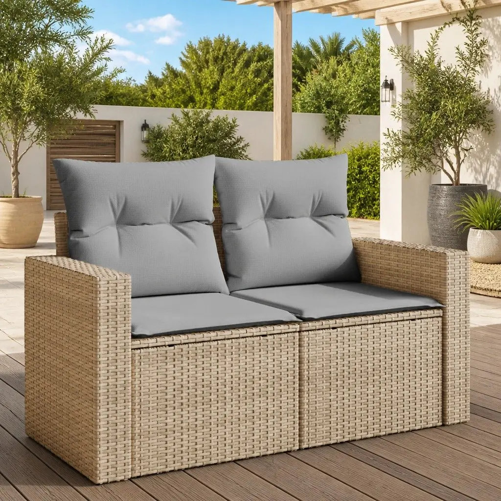 2-Seater Garden Sofa with Cushions Storage Beige Outdoor Furniture Set