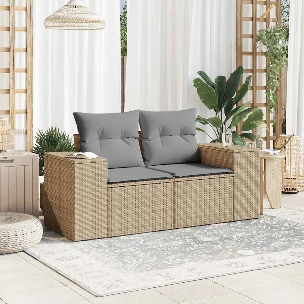 2-Seater Garden Sofa Outdoor Beige Poly Rattan with Storage and Cushions