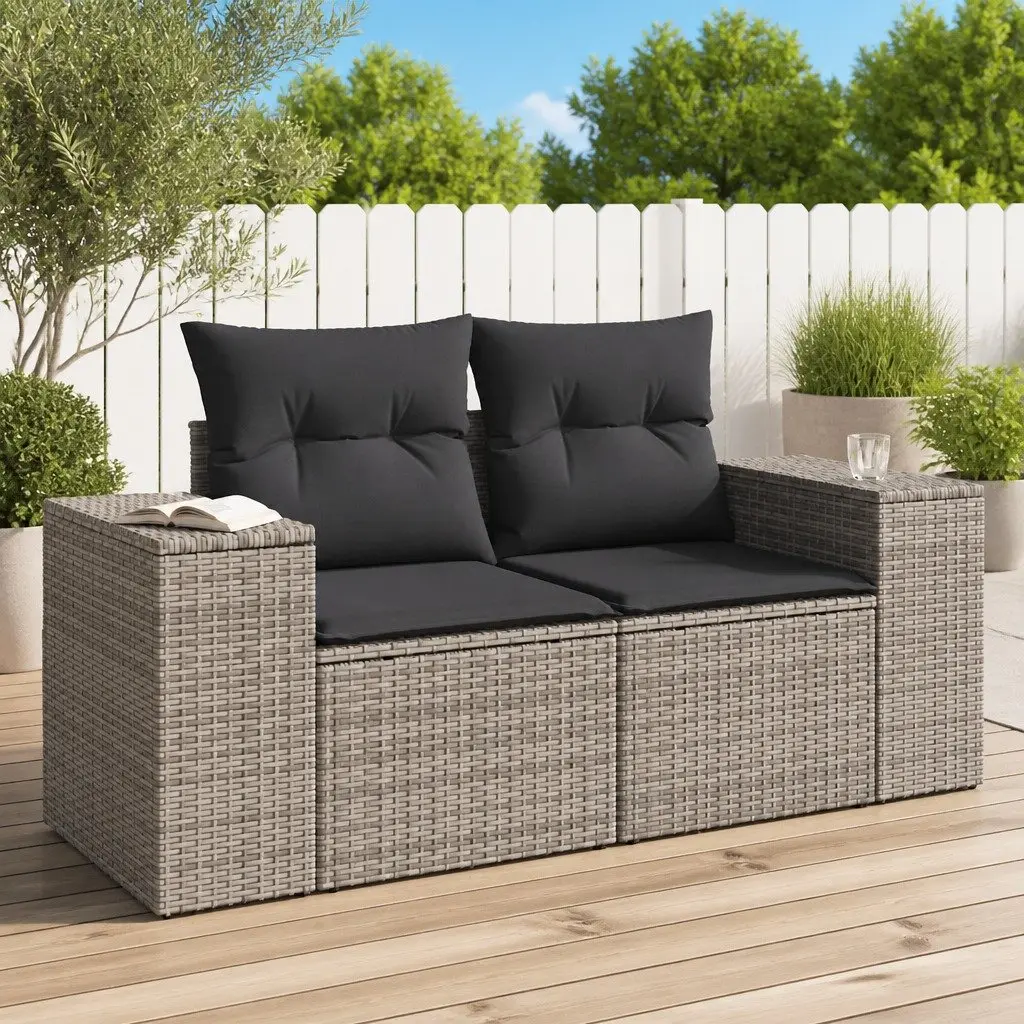 2-Seater Garden Sofa Grey PE Rattan Outdoor Furniture with Cushions