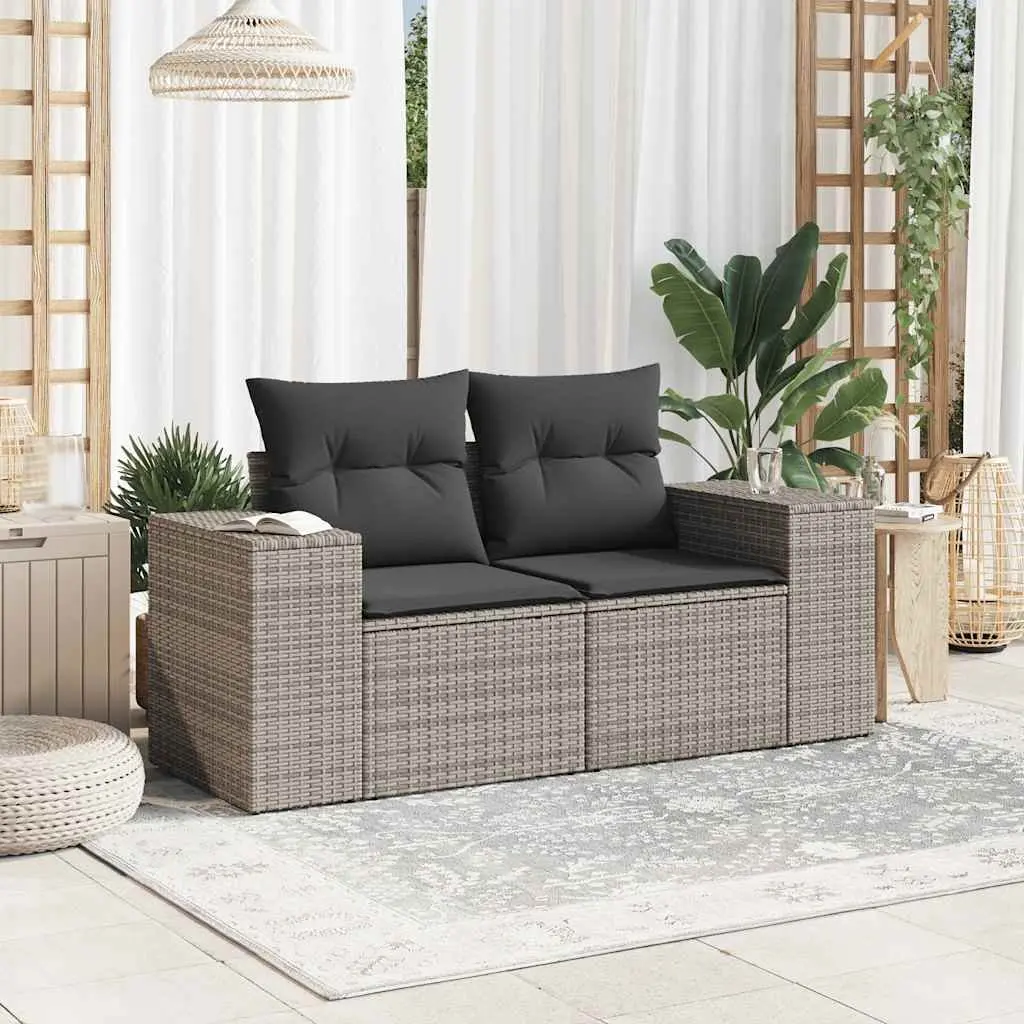 2-Seater Garden Sofa Grey PE Rattan Outdoor Furniture with Cushions