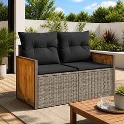 2-Seater Outdoor Garden Sofa with Cushions Grey Poly Rattan Patio Furniture