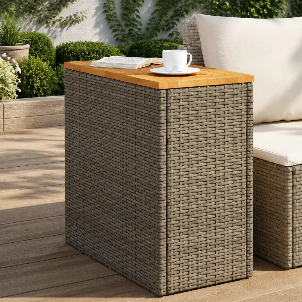 Garden Side Table Grey Poly Rattan Wooden Top 58 x 27.5 x 55 cm