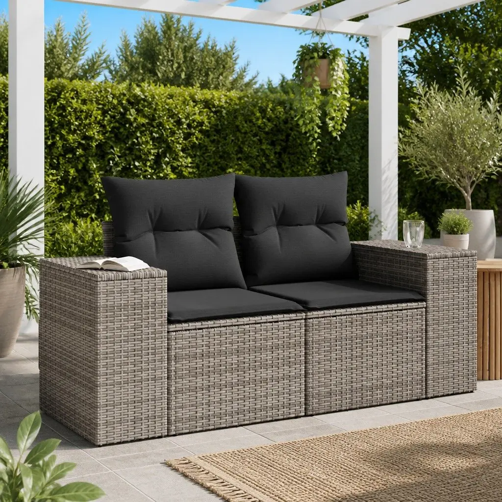 2-Seater Garden Sofa with Cushions and Storage Grey PE Rattan Outdoor Furniture