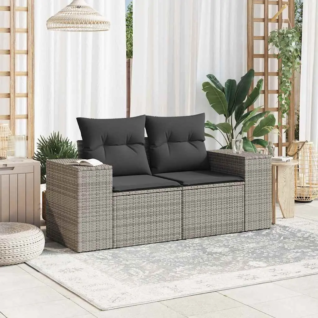 2-Seater Garden Sofa with Cushions and Storage Grey PE Rattan Outdoor Furniture