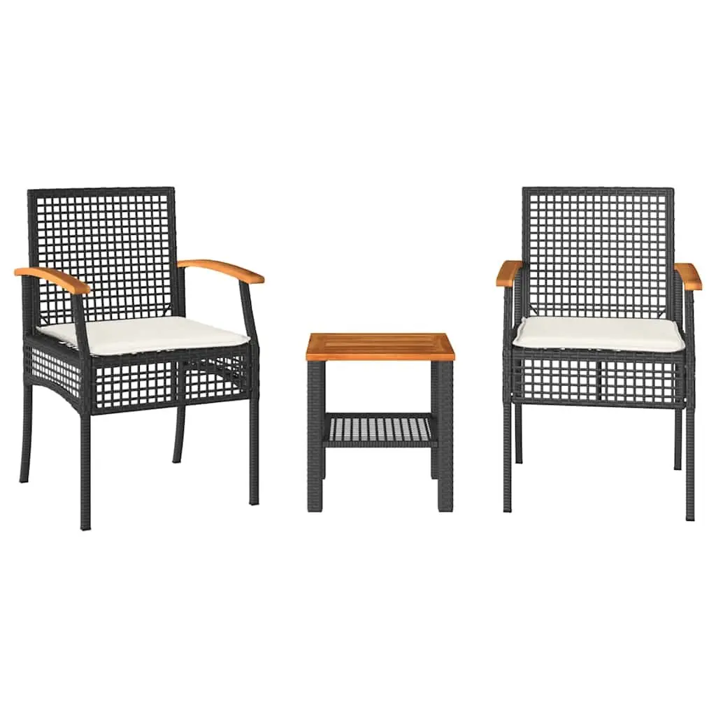 3 Piece Bistro Set Outdoor Furniture Cushioned Chairs Acacia Wood Table Black PE Rattan