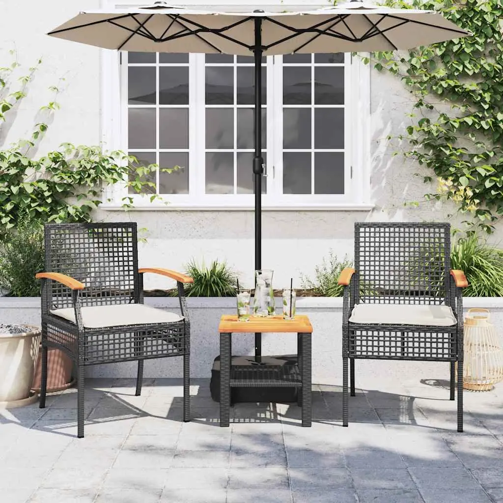 3 Piece Bistro Set Outdoor Furniture Cushioned Chairs Acacia Wood Table Black PE Rattan