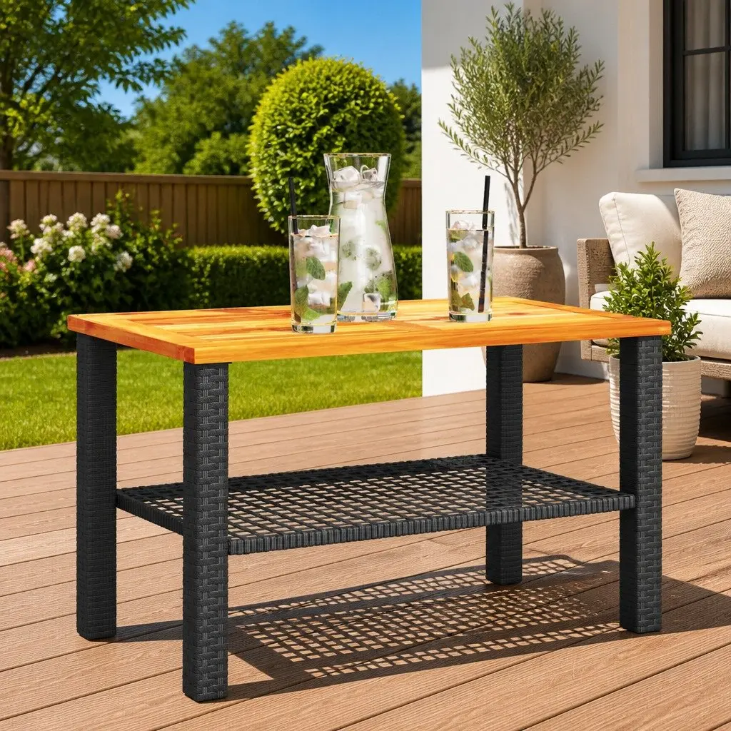 Garden Table Black Poly Rattan Acacia Wood Top 70W x 38D x 42H cm