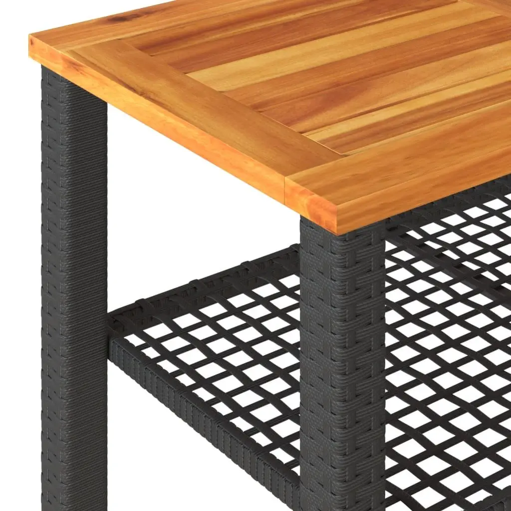Garden Table Black Poly Rattan Acacia Wood Top 70W x 38D x 42H cm