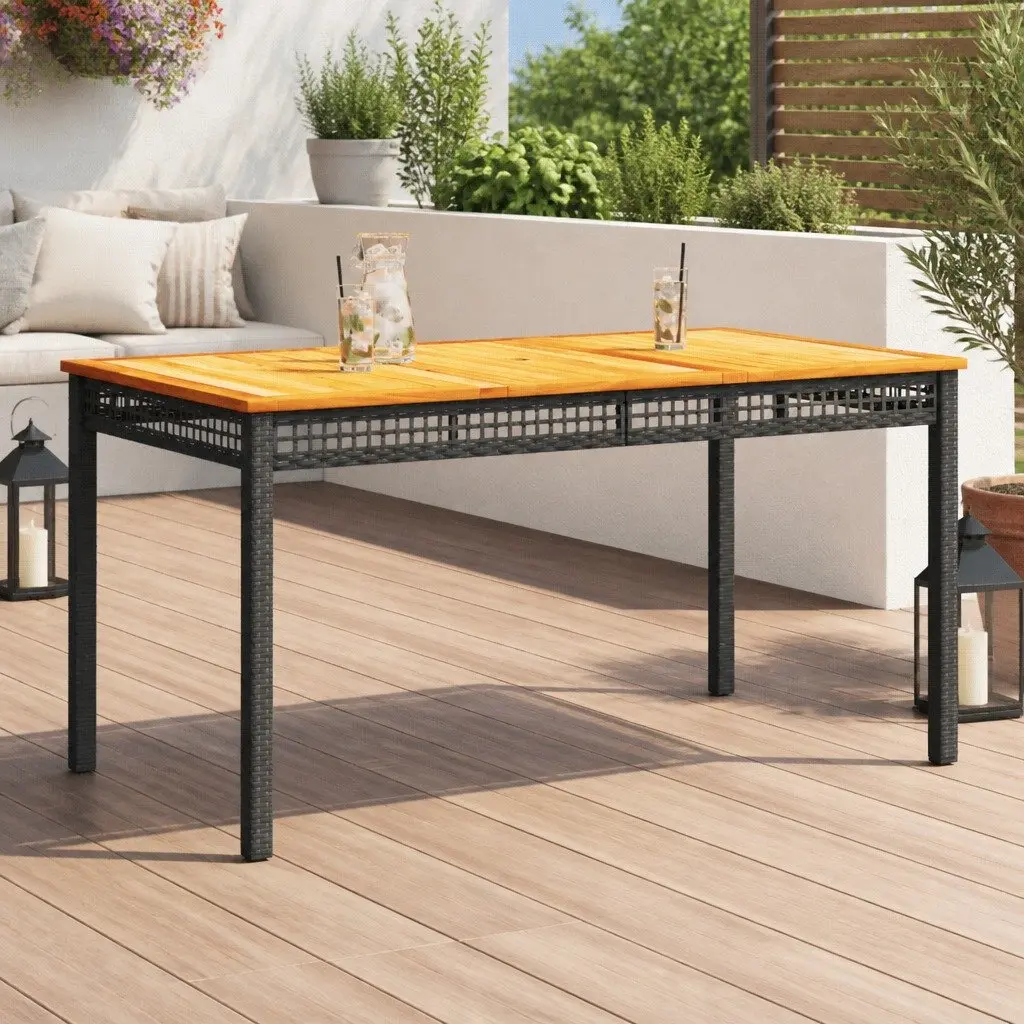 Garden Table Black Poly Rattan Acacia Wood 140x80x75cm Outdoor Patio Furniture